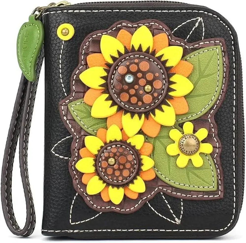Chala Zip Around Faux Leather Wallet Wristlet - Sunflower Group, Black NWT